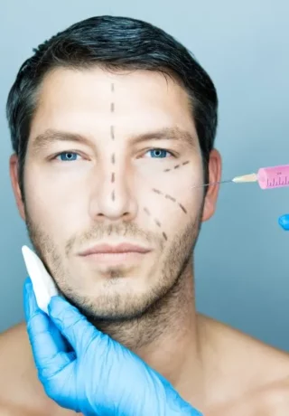 Un homme au visage marqué se prépare à subir une intervention esthétique ; une main gantée tient une seringue près de sa joue tandis qu'une autre main tient un marqueur blanc sur son menton.